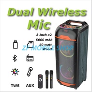 Single-e ZQS-8248 8x2 inci 50watt super kuat bass Bluetooth speaker karaoke 2 mic wireless RGB light