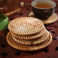 BREWISH Heat-Resistant Handwoven Round Rattan Placemat Dining Table Mat Cup Rattan Coaster Alas Rota