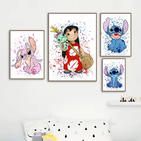 Disney Lilo and Stitch Angel Poster Wall Decor Watercolor Nursery Painting Ohana Means Family Art Pr