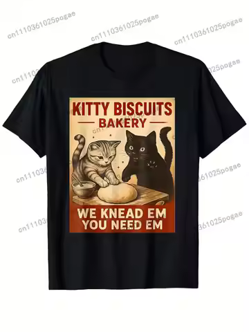 Kitty Biscuits Bakery Men'S Funny Cat T-Shirt - 180g Heavyweight 100% Black Retro "We Knead Em You N