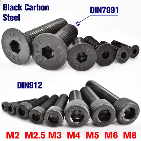 50-1000pcs M2 M2.5 M3 M4 M5 M6 M8 Din912 G12.9 Allen Hexagon Socket Screw DIN7991 Black Steel G10.9 