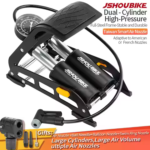 JSHOUBIKE Bike Pump Dual Cylinder Foot-Operated Car-Mounted MTB E-Bike Motorcycle Pump Foldable Dail