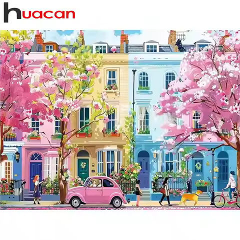 Huacan 5D House Diamond Painting Street Landscape Diamond Mosaic City Complete Kit Decorative Painti