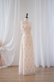 淡粉色碎花單肩連身裙，伴娘服，長款晚宴服