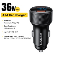 Essager PD 36W Dual Port LED Digital Display Aluminum Alloy Car Charger QC3.0 USBA Car Charger For I