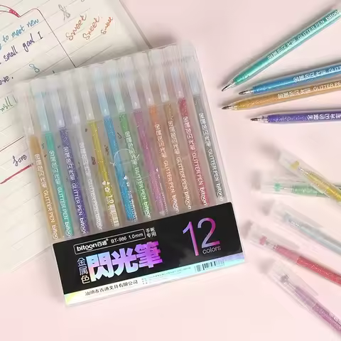 Metallic Glitter Gel Pens, 12 Colors 1.0mm Fine Tip,for Adult Coloring Book, Kids Drawing Art Suppli