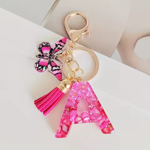 Cute Initial Keychain Fringe Butterfly Pendant Drop Glue Sequin Letter Keychain Ladies Girls Purse H