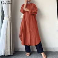 ZANZEA เสื้อผ้ามุสลิมสำหรับผู้หญิง,เสื้อผ้าสไตล์มุสลิมเสื้อสตรีผ้าฝ้ายแขนยาวอบายาหรูหราผ้าลินินชุดเดรสเสื้อ Midi ธรรมดา