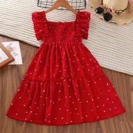 Girls Dot Red Dress Summer 4-11Y Young Children Square Collar Casual Clothing Kids Knee Length Short Sleeve Princess Dresses New