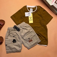 BRAVEKIDS FASHION TWO LAYER SETELAN ANAK 1-5 TAHUN TSHIRT KATUN 24s & CELANA CARGON UNION DRILL BAHA