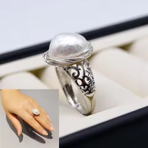 Baroque ring natural freshwater white pearl sterling silver ring adjustable ring handmade silver wir