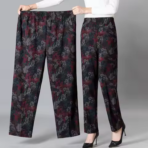 8XL 9XL Middle-aged Women Trousers New Print Elasti High Waist Casual Pants Spring and Autumn Straig