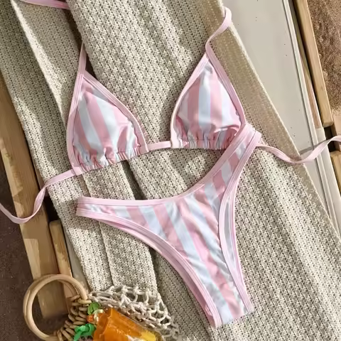 Summer Micro Bikini Women Split Swimsuits Neck-mounted Striped Swimwear Female Beach Swim Wear Bathi