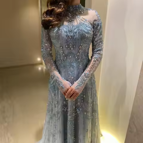 Sharon Said Elegant Arabic Blue Long Sleeves High Neck Dubai Evening Dress for Women Wedding Party F