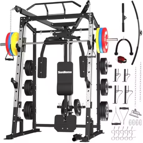 Smith Machine, 2000LBS Power Cage Squat Rack with Smith Bar, LAT Pull-Down Systems, Cable Crossover 