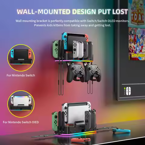 Multifunctional Wall Bracket With RGB Colorful Hanging Charging Controller and Joy Con Station Dock 