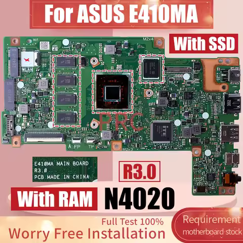 For ASUS E410MA E410MAB E410M Laptop Motherboard R3.0 SRET0 N4020 With RAM EMCC Notebook Mainboard T