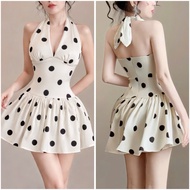 LUMICA GL536 V-Neck Lace-up Bodycon Dress with Black Polka Dot Pattern - Sexy Design Embellishes the