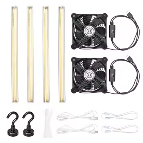 4 Pack T5 Grow Light Strips + 2 Pack USB Fans for Indoor Plants, Accessories Set for Indoor Greenhou