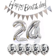 2 Balloons Number 24 + Happy Birthday Garland + Silver Banner foil Balloon 24th Birthday Decoration+