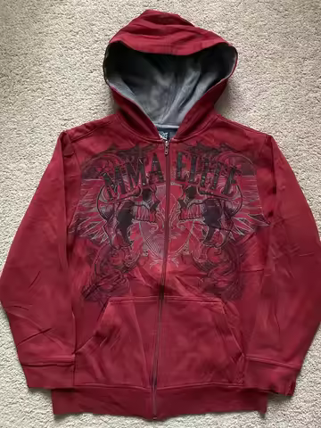 Y2K MMA Elite Zip-Up Hoodie, Red Retro Graphic Streetwear Jacket, Gothic Skull Wing Print, Full-Zip