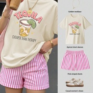 TEQUILA Printed Women's Oversize Short-Sleeved Top With Striped Shorts Set, Tops, Summer Clothing, S
