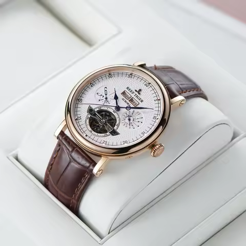 Reef Tiger RT Top Brand Men's Mechanical Watch Luxury Tourbillon Genuine Leather Strap Perpetual Cal