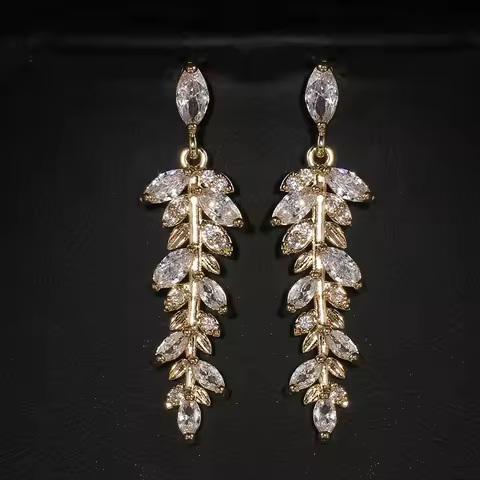 Classic Luxury Gold Color Cubic Zircon Long Earrings Elegant Bling CZ Crystal Dangle Earring Bridal