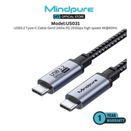 Mindpure US031 USB3.2 Type-C Cable Gen2 240w PD 20Gbps high speed 4K@60Hz