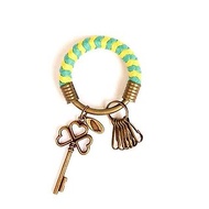 鑰匙圈(小)5.3CM 湖水綠+亮黃+幸運草鑰匙 編織 腊繩 鐵環 客製化