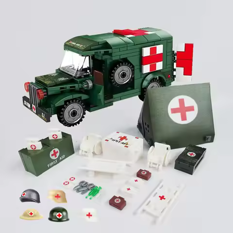 Military Field Hospital Medical Car Building Block Stretcher Wheelchair Battlefield Ambulance Syring