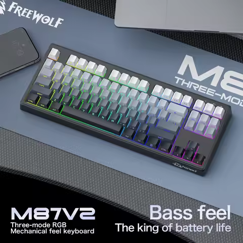FREEWOLF M87V2 Bass RGB Keyboard Tri-Mode 4000mAh Long Battery Dual System Compatible 87 Keys Compac