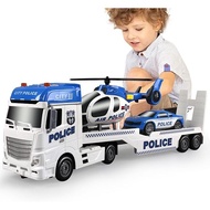 Toddler Boy Toys for 3-6 Year Old, 25" Semi Truck Toy with Racing Car and Helicopter - Police Toys,B
