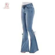 fulaide- Plus Size Women Vintage Flare Jeans Lace Up Bow Skinny Wide Leg Denim Pants