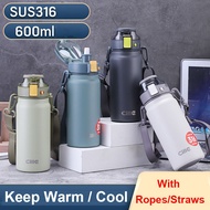 ✉☌ 600ml Large Capacity Sports Thermos Bottle With Straw Portable Rope Stainless Steel Vacuum Flask Insulated Tumbler Kids Women
