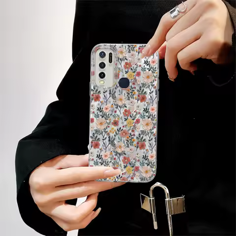 IMD Case For Vivo Y50 Y36 Y35 Y33 Y31 Y30 Y28 Y27 Y22 Y21 Y20 Colorful Flowers Printing Feather Yarn