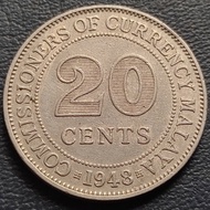 Uang Koin Kuno Lama 20 Cents Malaya Tahun 1948