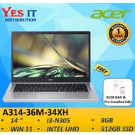 Acer Aspire 3 A314-36M-34XH 14'' FHD Laptop Pure Silver ( i3-N305, 8GB, 512GB SSD, Intel, W11+OPI, 1