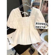 Summer French Style Square Neck Pleated Short-Sleeved Baby Shirt Women Small Puff Sleeve Chiffon Shi
