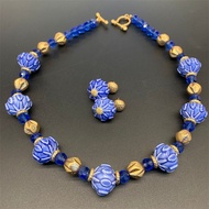 Medieval blue personalized trendy necklace+earrings exude a strong personality and highlight the nec