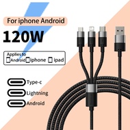 IPHONE (Braided charging cable)3-in-1 ultra-durable safe USB data cable charger 120W 6A super fast c