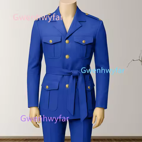 G&N Workwear Style Suit 2-piece set, Royal Blue Jacket with Belt, Gold Buttons, Casual Party Men's S