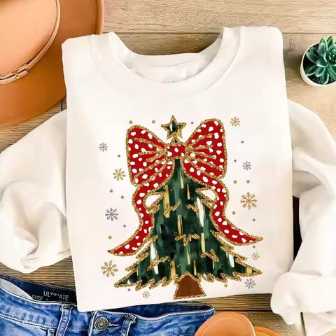 Colorful Coquette Christmas Tree Print Sweatshirt Girly Christmas Tree Bow Hoodie Winter Girl Long S