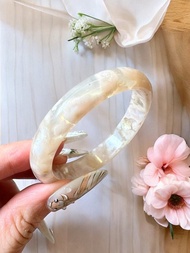 櫻花瑪瑙手鐲 瑪瑙手鐲小清新冰透奶黃粉花正鐲51圈口