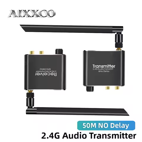 AIXXCO 50M 2.4G Wireless Audio Transmitter Receiver High-Definition NO Delay RCA R/L 3.5mm Stereo 19