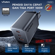 VIVAN GAN100 Black 100W AVS Fast Charging GaN Charger 3 Port USB-A USB-C PD/PPS/AFC/QC 3.0 Support N