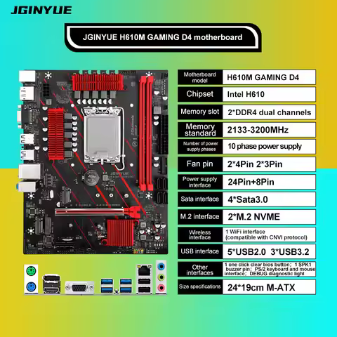 JGINYUE H610MGAMING H610 Motherboard LGA1700 Support Intel 12th 13th Gen Core i3 i5 i7 i9 CPUDualCha