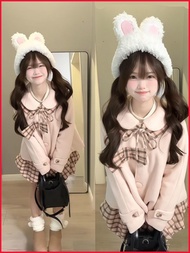 [Cute Peach Berry Grid] Preppy Style Winter Plaid Bow Tie Doll Collar Jacket+Short Skirt Two-Piece S