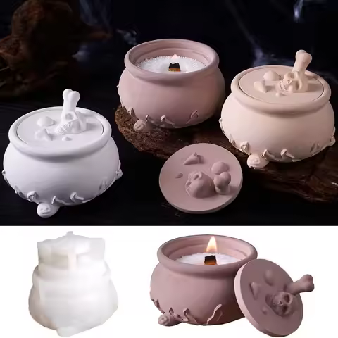 DIY Halloween Skull Candle Jar Silicone Mold Set Creative Concrete Plaster Pouring Round Candle Cup 