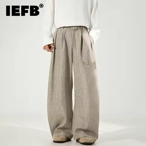 IEFB Niche Design Men's Suit Pants Solid Color Casual Belt Pleated Decoration Fleece-lined Trousers 